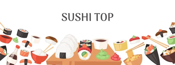 Sushi Top Banner, Plakatvektorillustration. japanische Küche im Cartoon-Stil. asiatisches Essen mit Reis. Lachs und fliegender Fisch. traditionelle Nationalgerichte für Speisekarte, Werbung. — Stockvektor