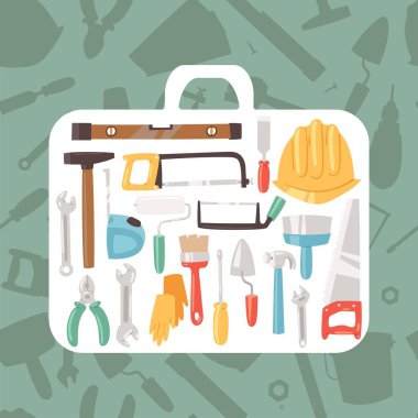 Durum afiş vektör illüstrasyon bina araçları. Ev tamir servisi. İnşaat ekipmanları. Ev yenileme ve yeniden inşa için el malzemeleri. Çekiç, matkap, testere, macun bıçağı.