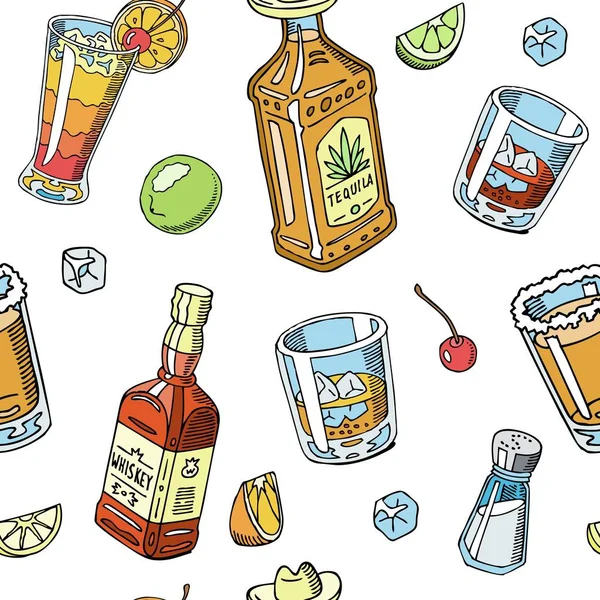 龙舌兰酒和威士忌饮用液体无缝模式矢量插图。酒精与零食，瓶子。鸡尾酒和香槟干酪和果汁与冰，樱桃，柠檬，石灰. — 图库矢量图片