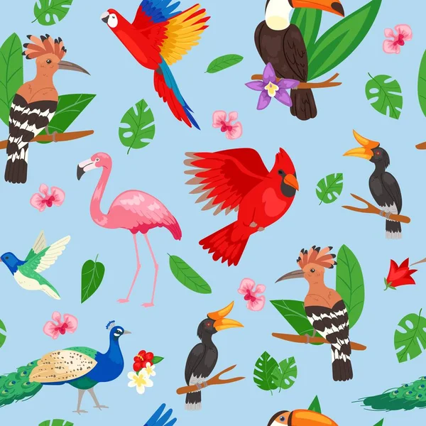 Tropical birds, jungle summer seamless vector illustration. Pink flamingo and tropical palm tree leaves with flowers. Exotic Hawaii with tropical birds such as parrot, hummingbird. — Stock Vector