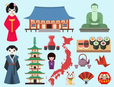 Japonya seyahat ve Asya turizm tasarım ambalaj kumaş geleneksel fuji oryantal mimari sanat düz renkli semboller.