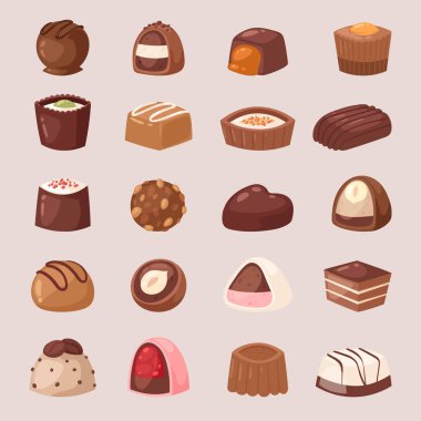 Şekerleme dükkanında kakao ile Çikolatalı şeker tatlı şekerleme tatlı şeker dükkanı içinde lezzetli choco truffle illüstrasyon arka planda izole set