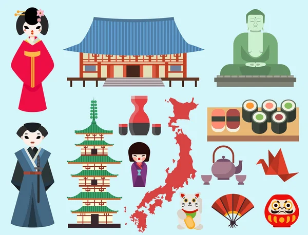 Płaskie kolorowe symbole Japonii podróży i Azji turystyka projektowanie opakowań tkanina tradycyjna orientalne sztuka architektura. — Zdjęcie stockowe