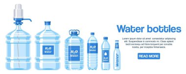 Plastik web tasarım afiş vektör illüstrasyon yapılmış su şişeleri. Etiketli sağlıklı agua şişeleri. Temiz saf içecek kapta. Reklam için süper doğal su arka plan.