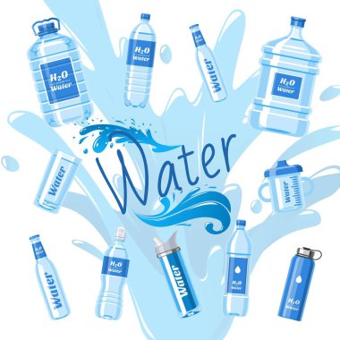 Plastik afiş vektör illüstrasyon yapılmış su şişeleri. Etiketli sağlıklı agua şişeleri. Temiz saf içecek kapta. Reklam için sıçrama arka plan üzerinde Süper doğal su.