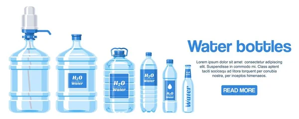 Water bottles made of plastic web design banner vector illustration. Healthy agua bottles with label. Clean pure drink in container. Super natural water background for advertisement. — Stock Vector