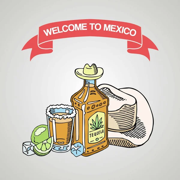 Bienvenue au Mexique. Bannière de barre de tequila, illustration vectorielle d'affiche. Verre avec sucre et bouteille de tequila, tranches de citron vert avec glaçons. Boisson alcoolisée mexicaine liquide. Sombrero . — Image vectorielle