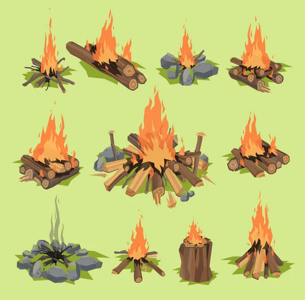 Fire flame or firewood outdoor travel bonfire fired flaming fireplace and flammable campfire illustration fiery or flamy forest set with wildfire isolated on background — Stock Photo, Image