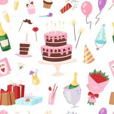 Doğum günü çocuk parti karikatür çocuk mutlu doğum pastası veya cupcake kutlama hediyeler ve mutlu doğum günü balonları çocuk yıldönümü tatil seti illüstrasyon dikişsiz desen arka plan
