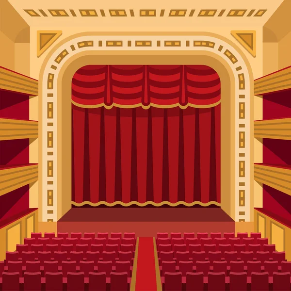 Escenario de teatro con cortinas de entretenimiento proyectores escena teatral interior vieja ópera rendimiento fondo ilustración . — Foto de Stock