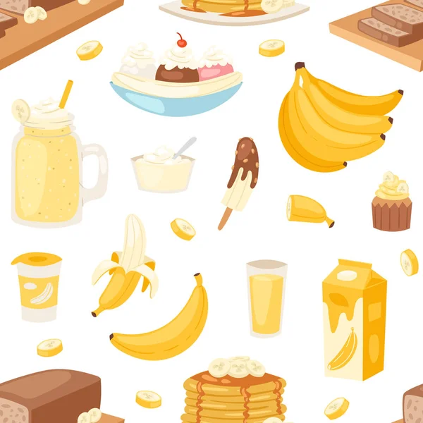 Banana set bananer produkter bröd pannkaka eller banan Split med gul cocktail och frukt i choklad illustration bananapeel eller hud sömlös mönster bakgrund — Stockfoto