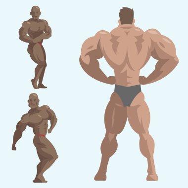 Bodybuilder sporcu karakterleri kas sakallı adam fitness erkek güçlü athlets modeli vücut geliştirme spor spor karikatür tarzı illüstrasyon poz