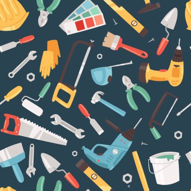 Onarım araçları hizmet dikişsiz desen vektör illüstrasyon. Ev tamiri. İnşaat ekipmanları. Ev yenileme ve yeniden inşa için el malzemeleri. Çekiç, matkap, testere ve cetvel.