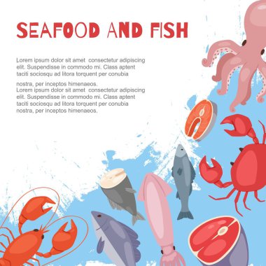 Deniz ürünleri ve balık düz karikatür afiş vektör illüstrasyon. Balık somonu, karides, kalamar, ahtapot, ıstakoz, alfonsino ve ton balığı yengeçleri. Restoran ve kafeler için taze ürünler.