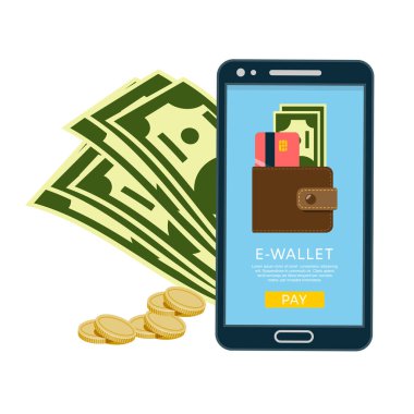 E-cüzdan afiş vektör illüstrasyon ile Smartphone. Dijital mobil çanta simgesi. Kredi kartları ve nakit ile handphone ekran. İnternet bankacılığı kavramı. Kablosuz para transferi.