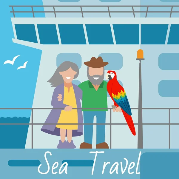 Seefahrt Banner Vektor Illustration. Paar von Menschen, die an Bord im Ozeanwasser stehen. Ein bunter Papagei sitzt auf einem Zaun. alte Frau und Mann bei einer Bootsfahrt. fliegende Vögel — Stockvektor