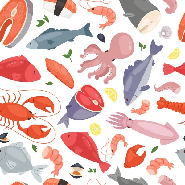 Ilustrasi vektor pola seafood restoran. Ikan salmon steak dengan lemon, udang, cumi-cumi, gurita, lobster dengan kepiting dan tuna. Produk segar untuk restoran dan kafe . - Stok Vektor