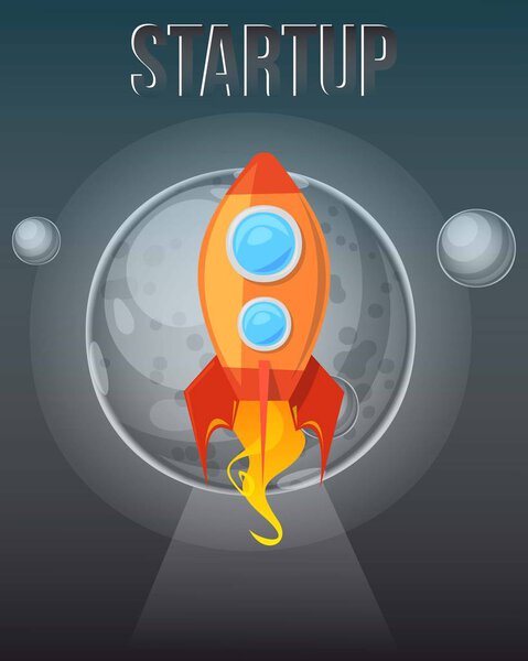 Startup concept. Cosmos with rockets banner vector illustration. Shuttle Launch. Spaceship on planets background. Fast start and space trips. Ship travel to new galaxies.