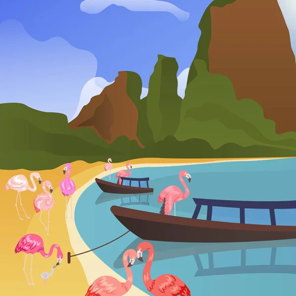 Fondo tropical de flamenco. Ilustración vectorial del banner horario de verano. Flamencos rosados masculinos y femeninos, parejas y niños cerca de botes en agua. Hawai exótico con aves tropicales . — Vector de stock