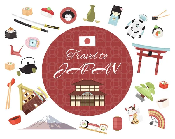 Reise nach Japan Banner Vektor Illustration. Objekte im japanischen Stil, Accessoires, Sehenswürdigkeiten. traditionelle Symbole wie Fuji-Berg, Minka, Sushi mit Stäbchen. — Stockvektor