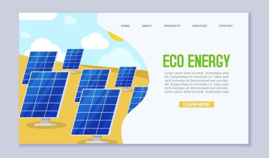 Ekoloji yenilenebilir enerji enerji tüketimi vektör şablonu. Güneş enerjisi web sayfası kavramı. Mavi gökyüzü ve bulutlar, eko doğal tarım ile sarı arka plan üzerinde Güneş pil istasyonu
