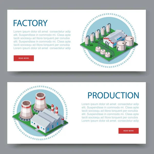 Fábrica de processos. Conjunto de planta de tecnologia de dois banners vetoriais planos. Fabricação de plantas e ícones de fábrica com lugar para o seu texto isolado em fundo branco . —  Vetores de Stock