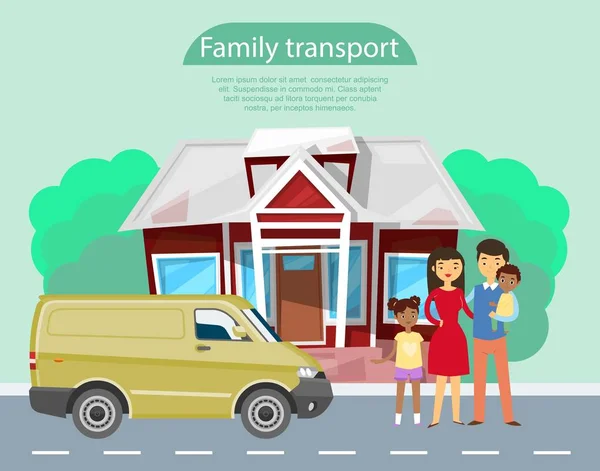 Jeune famille avec des enfants africains debout près de minifourgonnette transport de voiture sur la route près de leur maison. Illustration vectorielle de fond pays. Affiche famille été transport . — Image vectorielle