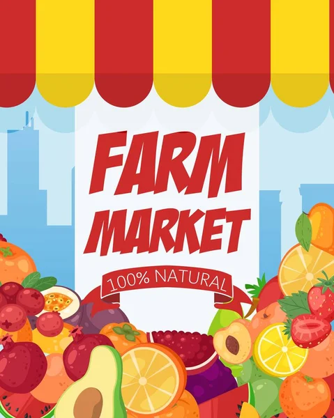 Plantilla de póster de mercado de agricultores con frutas ecológicas. Ilustración vectorial. Diseño del banner del mercado de la granja frutal fresca con manzanas, ciruelas, naranjas, fresas, melocotones, aguacate . — Vector de stock