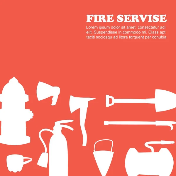 矢量消防应急和消防设备白色剪影的红色背景为海报。消防应急工具和红色保护符号. — 图库矢量图片