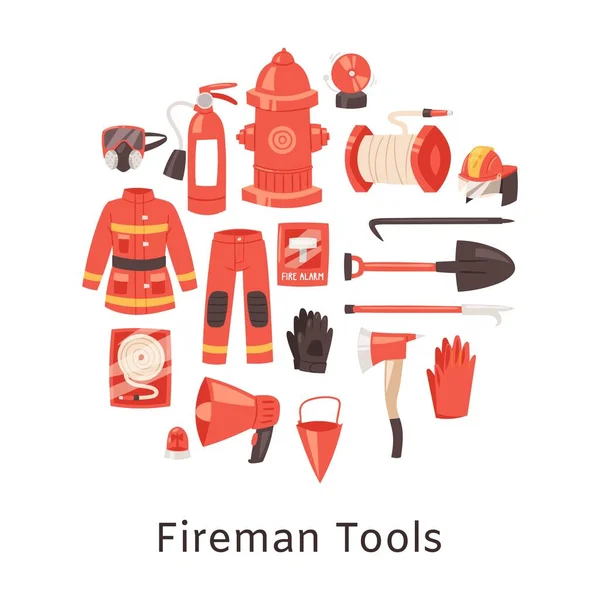 Roter Feuerlöscher und Feuerwehrwerkzeuge, Uniform und Ausrüstung für die Brandbekämpfung. Feuerwehr-Munition. Abbildung der Gerätesicherheit, Feuerlöschschutz. — Stockvektor
