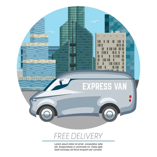 Delivery van car - fast and free vector illustration. Van with free deliver service on cityscape background. Can use for poster, web page. — Stock Vector