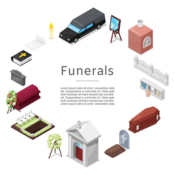 Icono vectorial funerario ambientado en estilo isométrico para carteles. Servicios rituales. Accesorios funerarios corona, ataúd, vela, urna para cenizas, lápida, biblia y capilla con cruz, vehículo fúnebre . — Archivo Imágenes Vectoriales