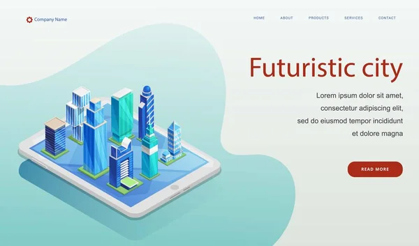 Futuristische stad vector illustratie. Isometrisch ontwerpconcept van voor website en mobiele app. futuristische Smart City wolkenkrabbers op Tablet. — Stockvector