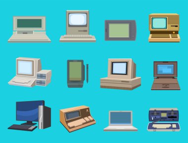 Bilgisayar teknolojisi evrim ekran telekomünikasyon ekipmanları metal pc monitör çerçeve modern ofis ağı.