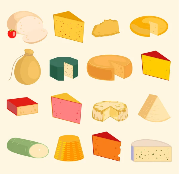 Queso rebanadas paz variedad iconos dibujos animados conjunto ilustración aislada. Queso lácteo variedades de alimentos y leche camembert. Diferentes delicatessen gouda queso mozzarella, tofu. parmesano — Foto de Stock