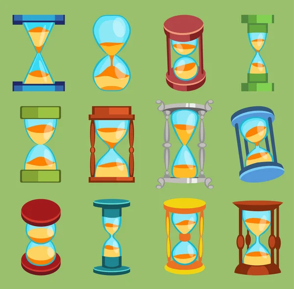 Sandglass klockor tid glas verktyg ikoner set, tid timglas sand klocka platt designhistoria andra gamla objekt illustration sand-klockor timglas timer timme minut klocka nedräkning flöde åtgärd — Stockfoto