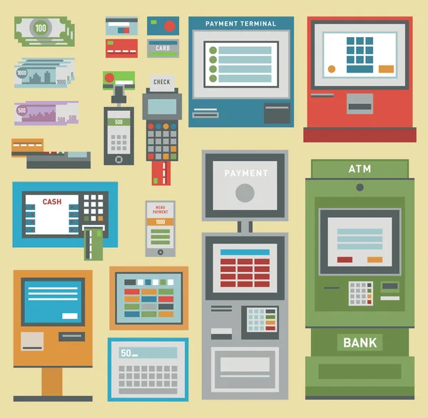 Cajero automático dinero pos-terminal iconos de tarjetas de crédito de mano. Transferencia de pago cajero automático de servicio móvil terminal. Dinero moneda de crédito efectivo signo bancario dólar dinero cajero automático — Foto de Stock