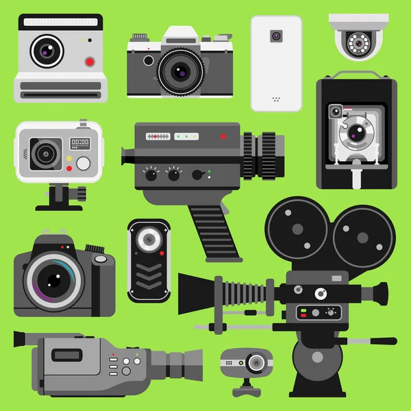 フォトビデオカメラツール光学レンズセット。異なるタイプの写真客観的なレトロなビデオ機器、プロの映画映画製作技術。デジタルヴィンテージ技術電子カメラデバイス — ストック写真