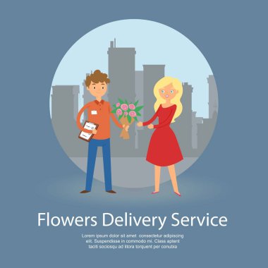 Çiçek teslim hizmeti afiş vektör illüstrasyon. Gülümseyen kurye çocuk buket ve sipariş kontrol listesi ataç tutan. Şehir arka planda çiçek ro alıcı kadın veren adam karakteri.