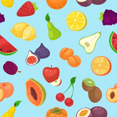 Meyve dikişsiz desen vektör illüstrasyon. Organik ve doğal gıda ürünleri. Portakal ve limon, karpuz, çilek, üzüm gibi narenciye. Sağlıklı beslenme. Doğal vitaminler.