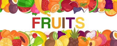 Çiftlik pazarı büyük afiş vektör illüstrasyon için Meyve taze sınır. Organik ve doğal gıda ürünleri. Muz, karpuz, üzüm, ananas ve limon. Sağlıklı beslenme. Vitamin.