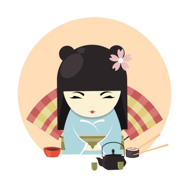 Kimono giyim ve çay töreni afiş vektör illüstrasyon Japon geyşa karakteri. Asya Lady fan arka plan üzerinde yemek çubukları ile çaydanlık, bardak ve suşi ile masada oturan.