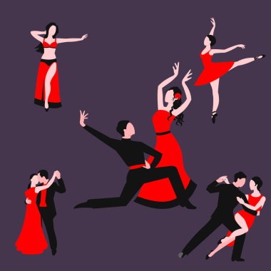 Çiftler dans latin amerikan romantik kişi ve insanlar dans adam ile kadın balo salonu eğlence birlikte tango poz güzellik illüstrasyon.