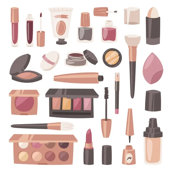 Cosmetische schoonheid make-up cosmetologie voor mooie vrouw met make-up Foundation poeder of oogschaduw illustratie set van schoonheidsspecialist accessoires geïsoleerd op witte achtergrond — Stockfoto