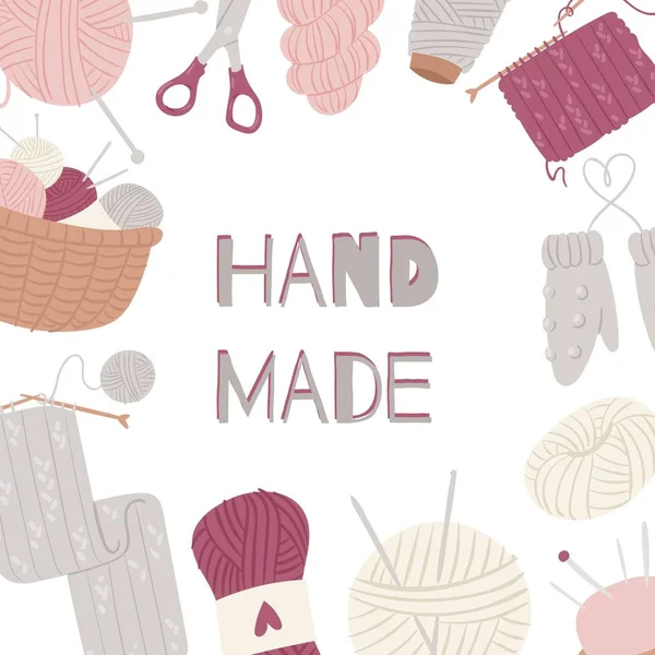 Breien en naaien kunst en ambachten vector frame geïsoleerd op wit. Hand gemaakt Knitwear met leveringen, brei gereedschap, wol en naalden. — Stockvector