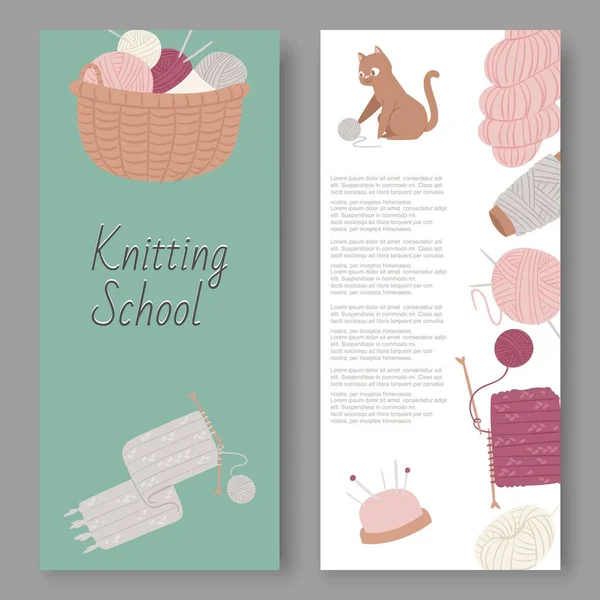 Knitting school and arts and crafts vector set of banners. Wool balls, knitted goods and knitting tools woolen scarf with hook, yarn and cartoon kitten. Hobby concept.