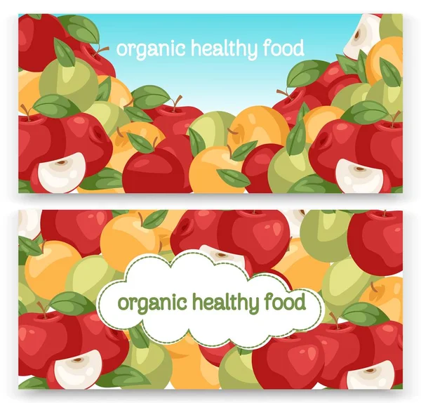 Alma gyümölcs kollekció sor bannerek vektoros illusztráció. Ragyogó színes gyümölcsös vagy kerti termék. Egészséges, friss és bioélelmiszerek. Különböző színű és formájú almák. — Stock Vector