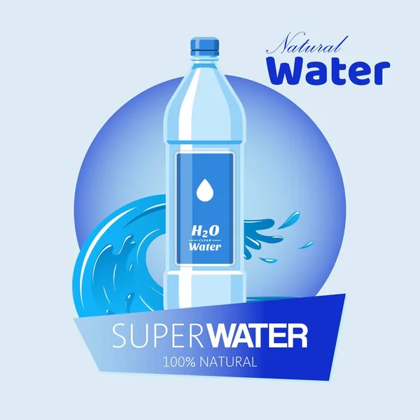Wasserflasche aus Plastik Banner Vektor Illustration. gesunde Flaschen agua mit Etikett. sauberes Getränk im Container. Super natürliches Wasser auf Wellenhintergrund für Werbung. — Stockvektor