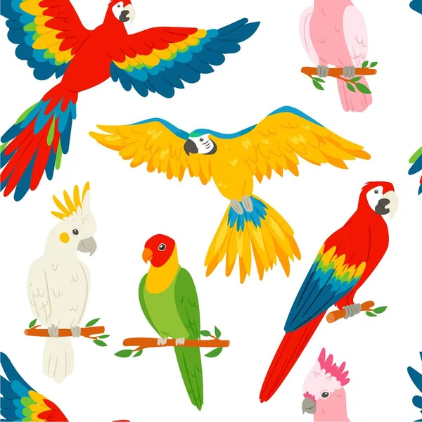 Parrots macaw red-blue isolated on white background seamless pattern vector illustration. Flying and sitting on branches. Wildlife of jungle and tropical forests of the Amazon. — Stock Vector