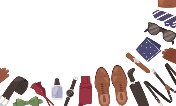 Accesorios para hombre trajes casuales banner ilustración vectorial. Ropa esencial zapatos, guantes, corbata, lazo y cinturón. Todos los días llevar objetos como el perfume y el paraguas con gafas . — Vector de stock